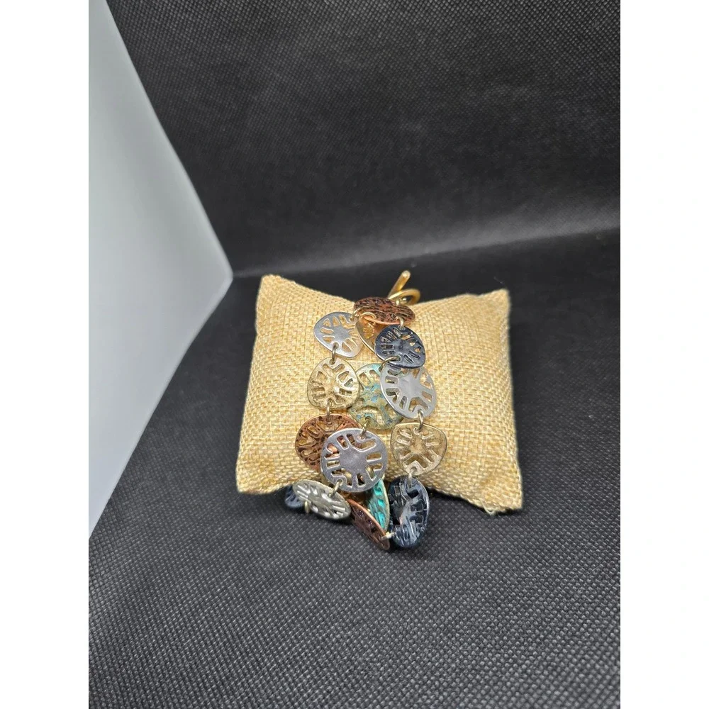 Mixed Metal Multi Strand Coin Charm Bracelet Verdigris Toggle Clasp Goldtone